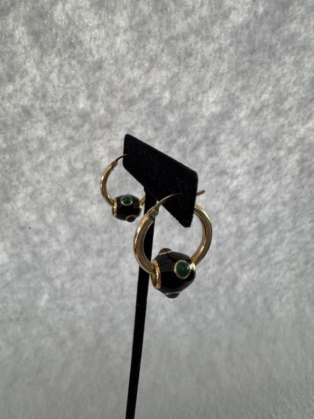 Vintage Hoop earring BARREL CHARMS (barrels only)  black enamel & stone